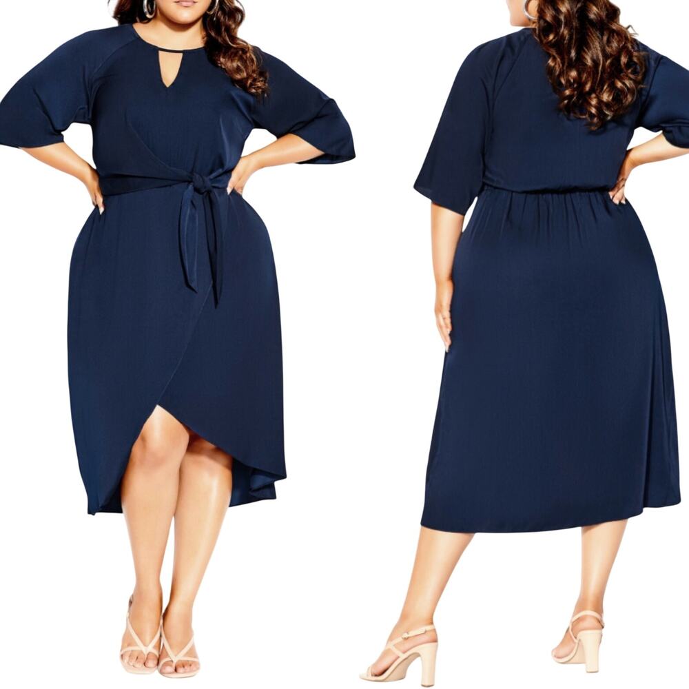 City Chic Sleek Tie Dress Keyhole Tulip Hem Flowy Blouson Navy NEW Womens 20